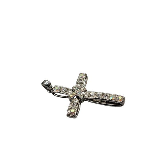 Aurora Borealis Cross Pendant Silver Tone Lots of Sparkle & Color - Picture 6 of 12